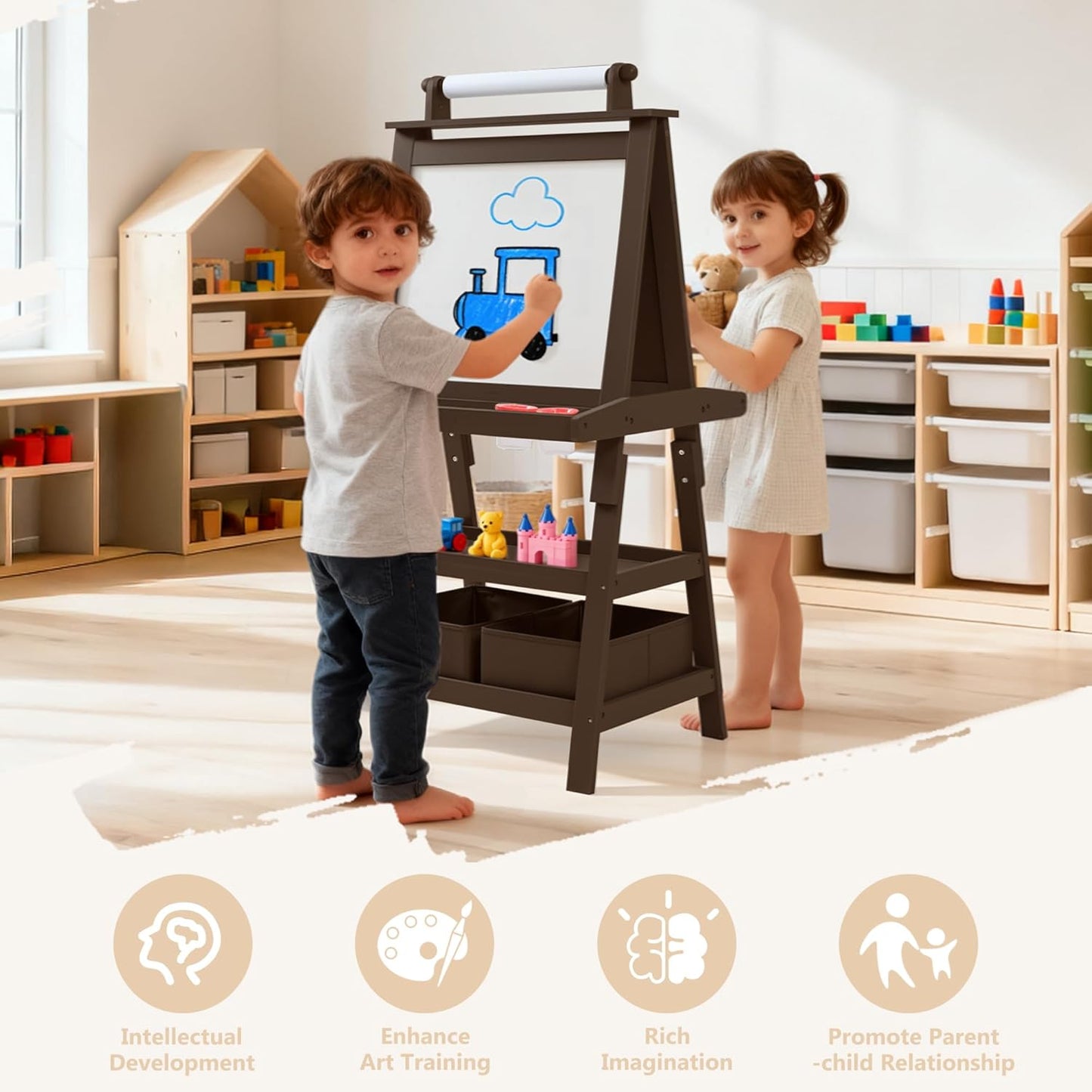 Kinder King 3 in 1 Kids Art Easel w/Storage, Double-Sided Magnetic Whiteboard & Chalkboard, Dry-Erase Board w/Paper Roller, Toddler Children Standing Easel for Painting & Drawing, Accessories, Coffee
