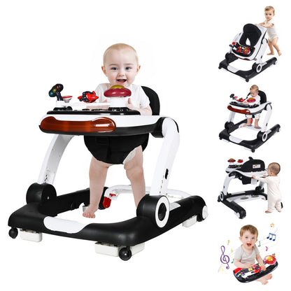 Kinder King Baby Walker with Music & Lights, 5 in 1 Baby Activity Walker with Wheel, Adjustable Height & Seat, Learning-Seated & Toddler Walk-Behind, Safety Bumper, Infant Walker Anti-Rollover, Black
