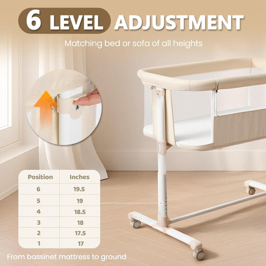 Kinder King Baby Bassinet Bedside Sleeper, Newborn Baby Bedside Crib w/Wheels, All-Sided Mesh, Adjustable Height, Removable Soft Mattress, No Tool to Assemble, Beige