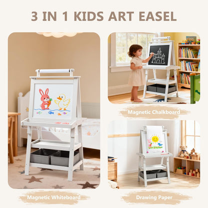 Kinder King 3 in 1 Kids Art Easel w/Storage, Double-Sided Magnetic Whiteboard & Chalkboard, Dry-Erase Board w/Paper Roller, Toddler Children Standing Easel for Painting & Drawing, Accessories, White