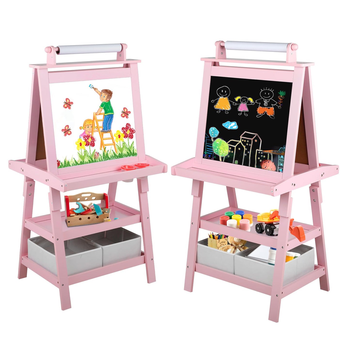 Kinder King 3 in 1 Kids Art Easel w/Storage, Double-Sided Magnetic Whiteboard & Chalkboard, Dry-Erase Board w/Paper Roller, Toddler Children Standing Easel for Painting & Drawing, Accessories, Pink