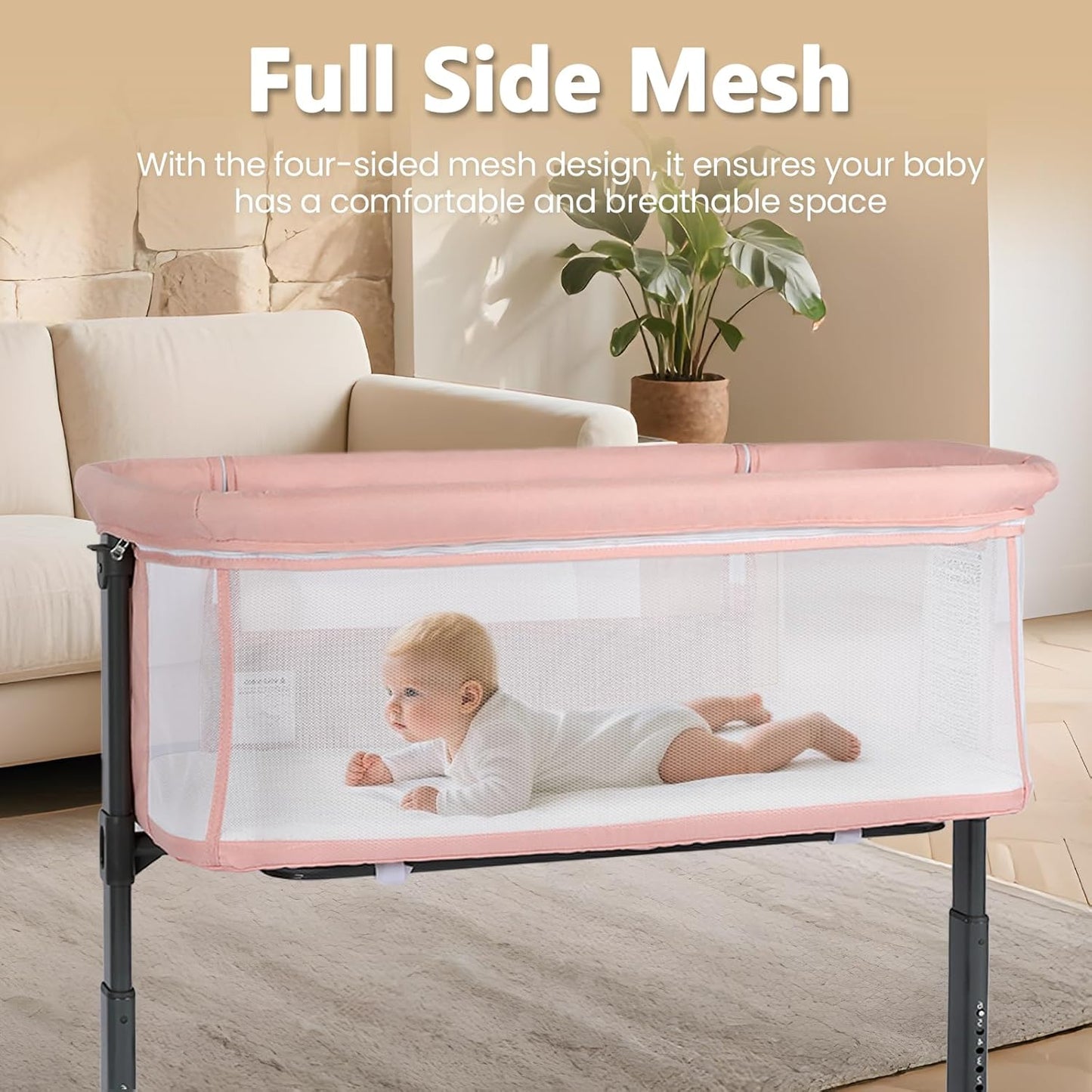 Kinder King Baby Bassinet Bedside Sleeper, Newborn Baby Bedside Crib w/Wheels, All-Sided Mesh, Adjustable Height, Removable Soft Mattress, No Tool to Assemble, Pink