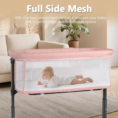 Kinder King Baby Bassinet Bedside Sleeper, Newborn Baby Bedside Crib w/Wheels, All-Sided Mesh, Adjustable Height, Removable Soft Mattress, No Tool to Assemble, Pink