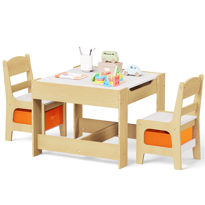 Kinder King Kids Wood Table & 2 Chairs Set, 3 in 1 Children Activity Table w/Storage, Removable Tabletop, Blackboard, 3-Piece Toddler Furniture Set for Art, Drawing, Reading, Playroom, Natural