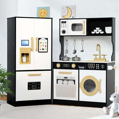 Kinder King Wooden Kids Play Kitchen, Toy Kitchen Playset for Toddler, Play Kitchen Set w/Transparent Coloring Board, Pretend Fridge, Washing Machine, Ice Maker, Gift for Boys Girls Age 3+, Black