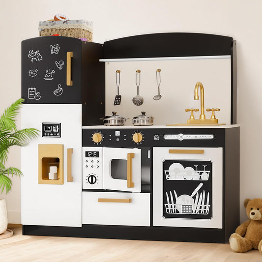 Kinder King Wooden Kids Play Kitchen, Toy Kitchen Playset for Toddler, Play Kitchen Set w/Blackboard, Transparent Coloring Board, Pretend Dishwasher, Oven, Ice Maker, Gift for Boys Girls Age 3+, Black