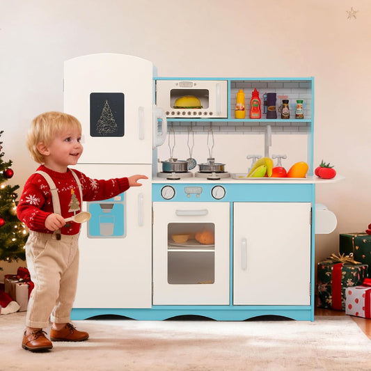 Kinder King Wooden Kids Play Kitchen, Toy Kitchen Playset for Toddler, Pretend Oven, Microwave, Telephone, Chalkboard, Interactive Doors, Knobs, Realistic Kitchen Sets for Boys Girls Age 3+, Blue