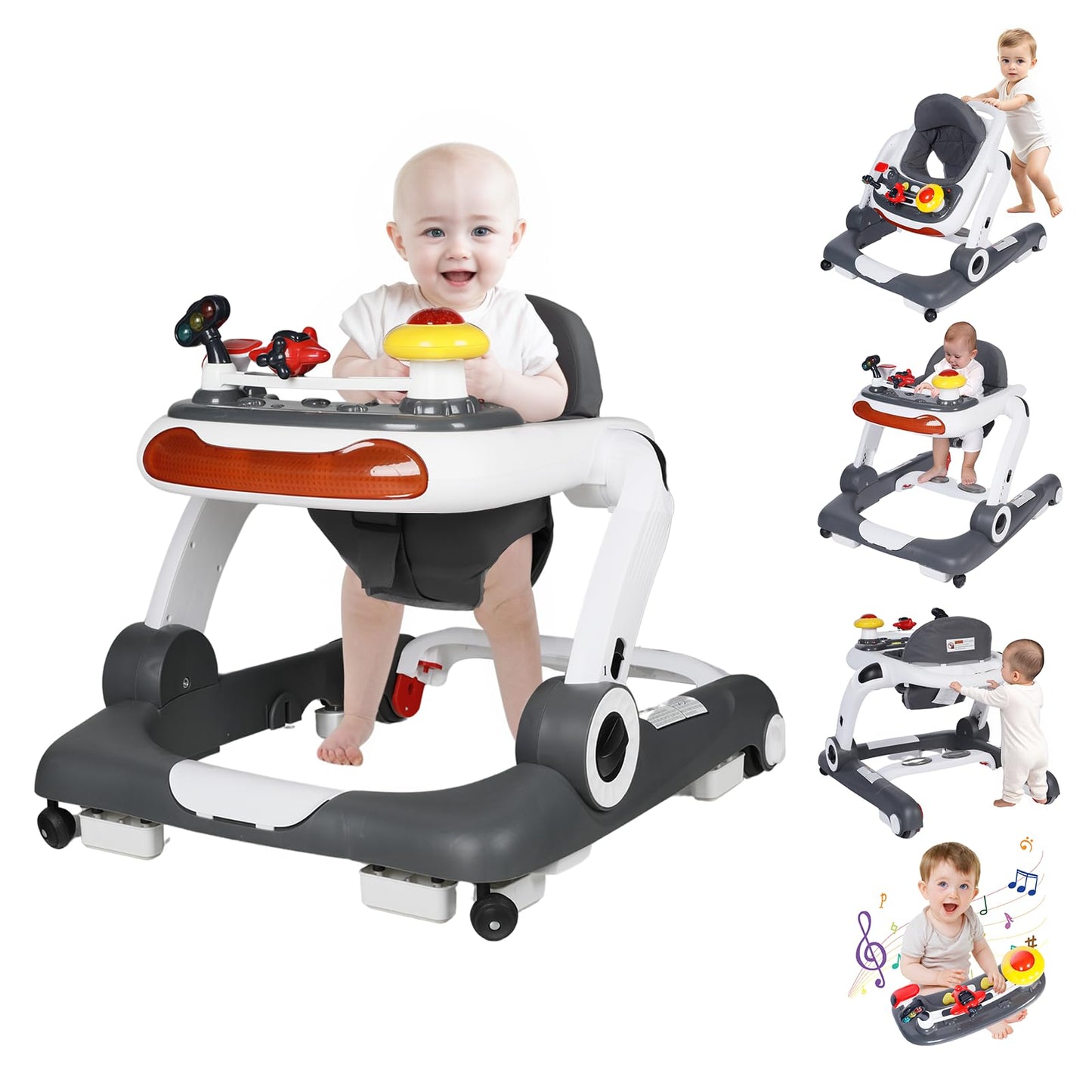 Kinder King Baby Walker with Music & Lights, 5 in 1 Baby Activity Walker with Wheel, Adjustable Height & Seat, Learning-Seated & Toddler Walk-Behind, Safety Bumper, Infant Walker Anti-Rollover, Grey