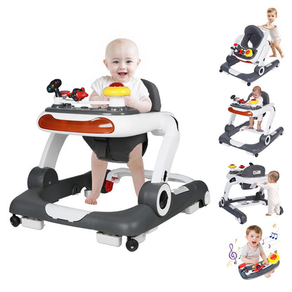 Kinder King Baby Walker with Music & Lights, 5 in 1 Baby Activity Walker with Wheel, Adjustable Height & Seat, Learning-Seated & Toddler Walk-Behind, Safety Bumper, Infant Walker Anti-Rollover, Grey