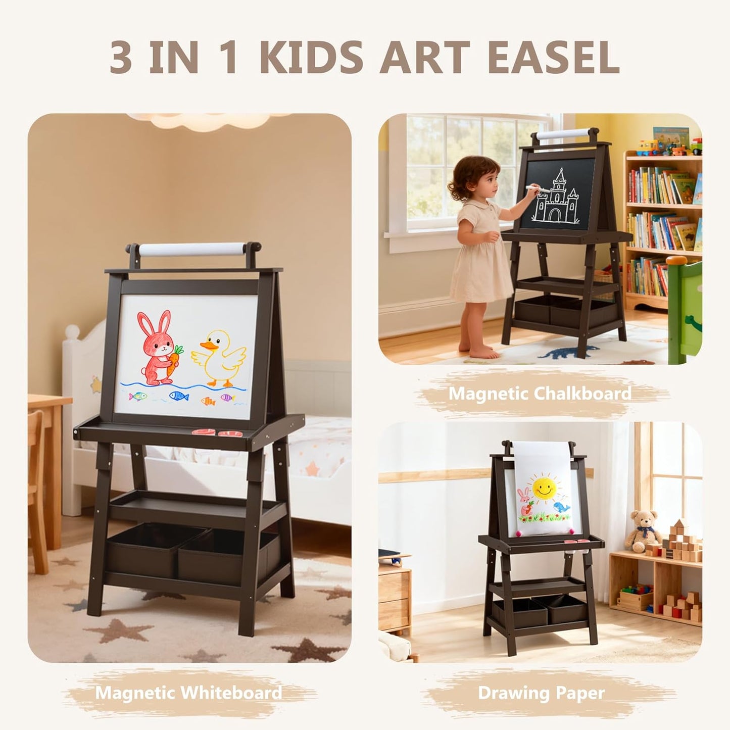 Kinder King 3 in 1 Kids Art Easel w/Storage, Double-Sided Magnetic Whiteboard & Chalkboard, Dry-Erase Board w/Paper Roller, Toddler Children Standing Easel for Painting & Drawing, Accessories, Coffee