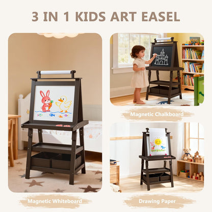 Kinder King 3 in 1 Kids Art Easel w/Storage, Double-Sided Magnetic Whiteboard & Chalkboard, Dry-Erase Board w/Paper Roller, Toddler Children Standing Easel for Painting & Drawing, Accessories, Coffee