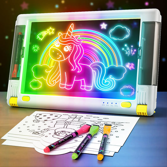 Kinder King Rechargeable LED Drawing Board, 15 Inch 9-Color Light Modes Neon Art Light Up Writing Tablet Tracing Pad for Kids, Sketching Gift Toy for Teens, 5 Markers, 10 Tracing Sheets