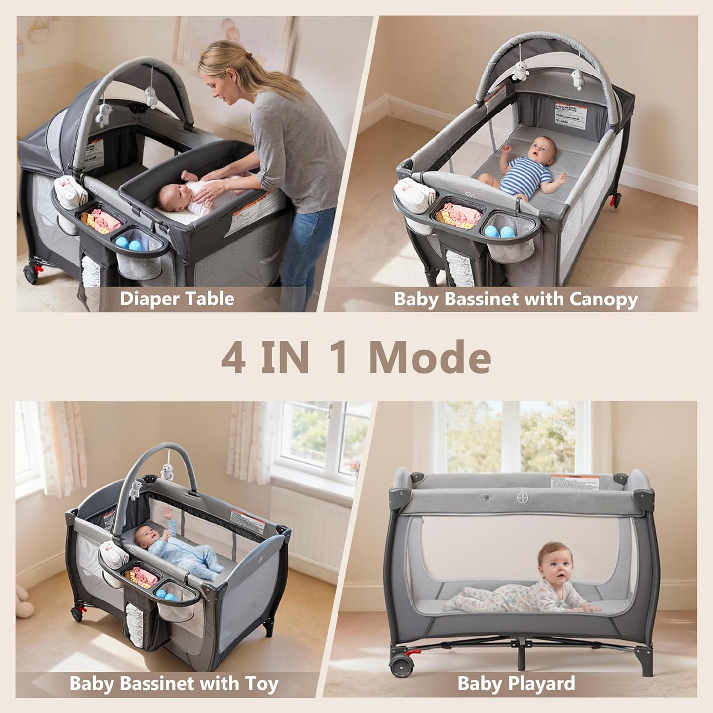 Kinder King 4 in 1 Portable Pack and Play, Baby Playard w/Bassinet, Large Playpen for Infant and Toddler, Newborn Changing Table, Adjustable Canopy, Storage Basket, Travel Bag, Grey