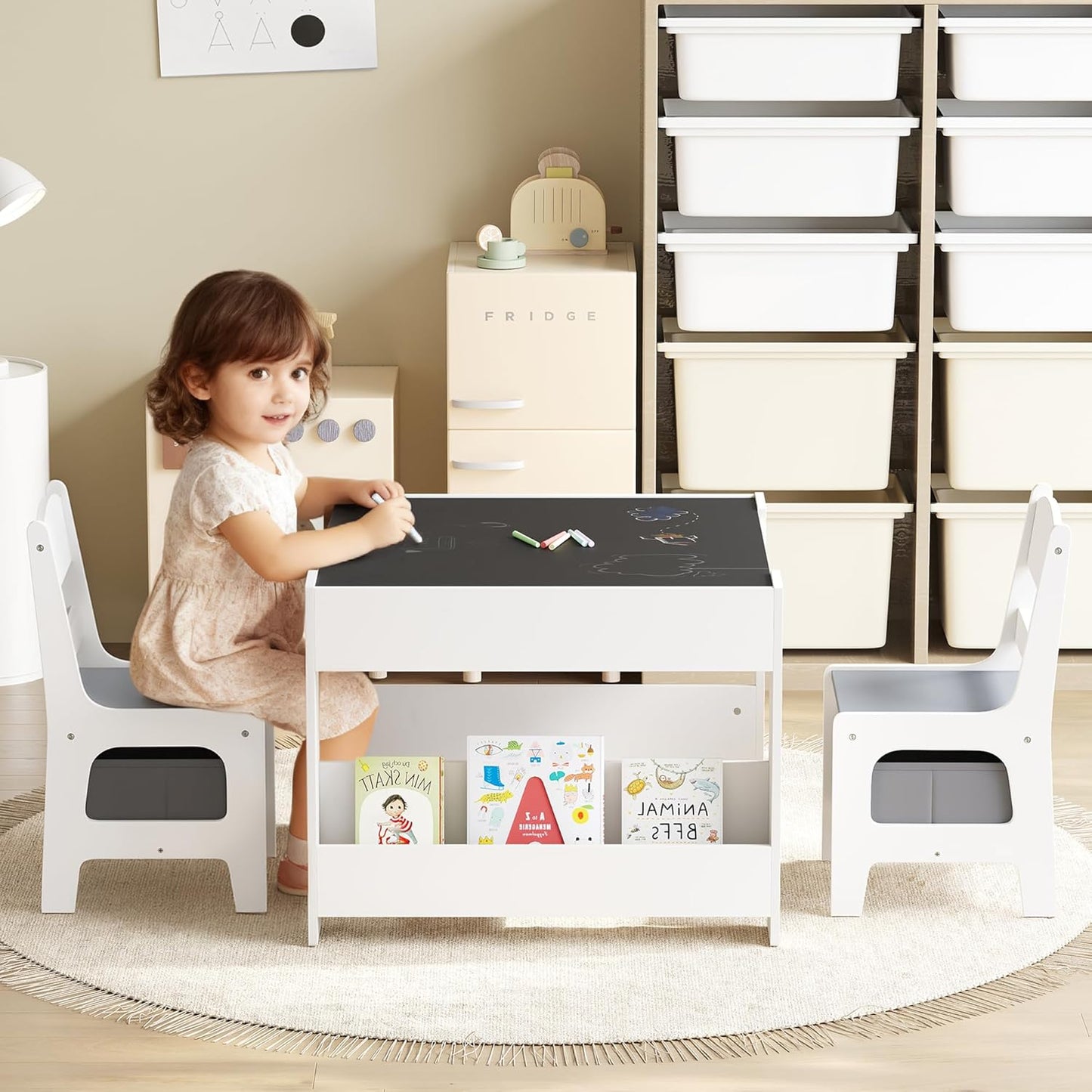 Kinder King Kids Wood Table & 2 Chairs Set, 4 in 1 Children Activity Table w/Double Bookcase, Blackboard, Toddler Furniture Set for Art, Crafts, Drawing, Reading, Playroom, Grey