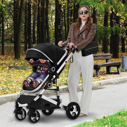 Kinder King 2 in 1 Convertible Baby Stroller, Folding High Landscape Infant Carriage, Adjustable Canopy, Diaper Bag, Anti-Shock Toddler Pushchair Stroller, Black