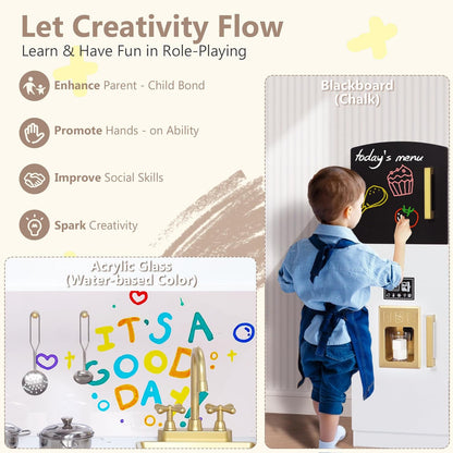 Kinder King Wooden Kids Play Kitchen, Toy Kitchen Playset for Toddler, Play Kitchen Set w/Blackboard, Transparent Coloring Board, Pretend Dishwasher, Oven, Ice Maker, Gift for Boys Girls Age 3+, White
