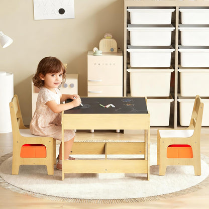 Kinder King Kids Wood Table & 2 Chairs Set, 3 in 1 Children Activity Table w/Storage, Removable Tabletop, Blackboard, 3-Piece Toddler Furniture Set for Art, Drawing, Reading, Playroom, Natural