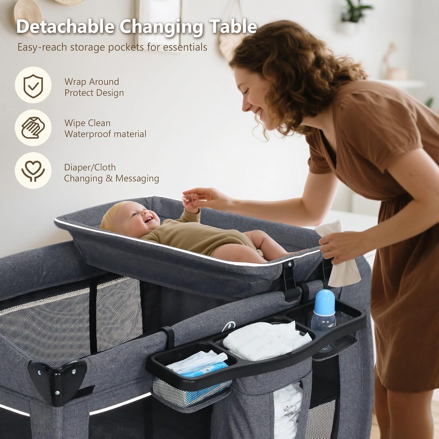Kinder King 4 in 1 Foldable Pack and Play with Bassinet & Changing Table, Portable Playard for Babies and Toddlers, Adjustable Canopy, Storage Bag, Light Gray
