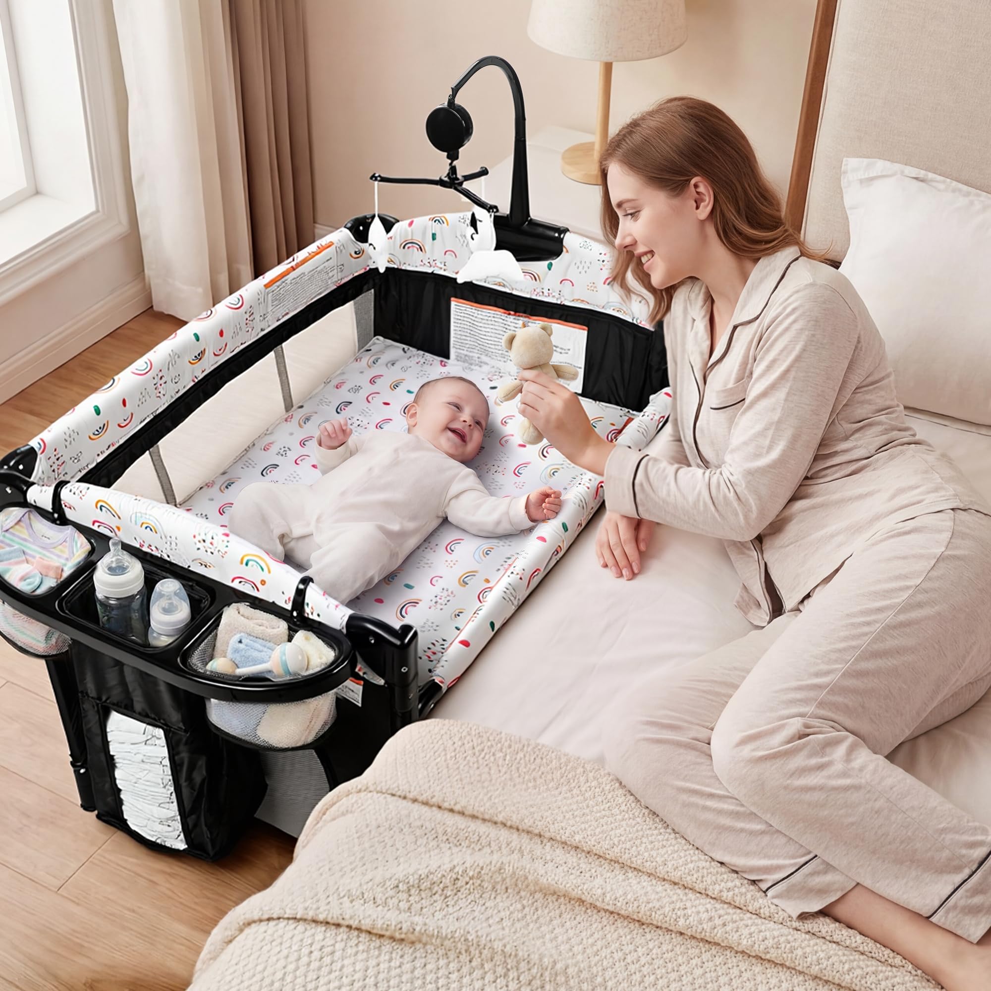 Kinder King 4 in 1 Portable Baby Playard, Foldable Baby Bedside Crib w/Bassinet, Infant Pack and Play Playard Toddler Large Playpen, Newborn Changing Table, Storage Basket,Multicolour