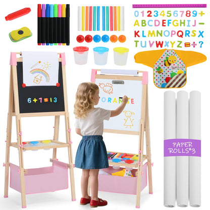 Kinder King 3 in 1 Wooden Kids Easel, Adjustable Art Easel for Kids, Double-Sided Magnetic Whiteboard & Chalkboard, Paper Roller, Art Supplies, Coloring Drawing Easel Toddler Gift Ages 3+, Pink
