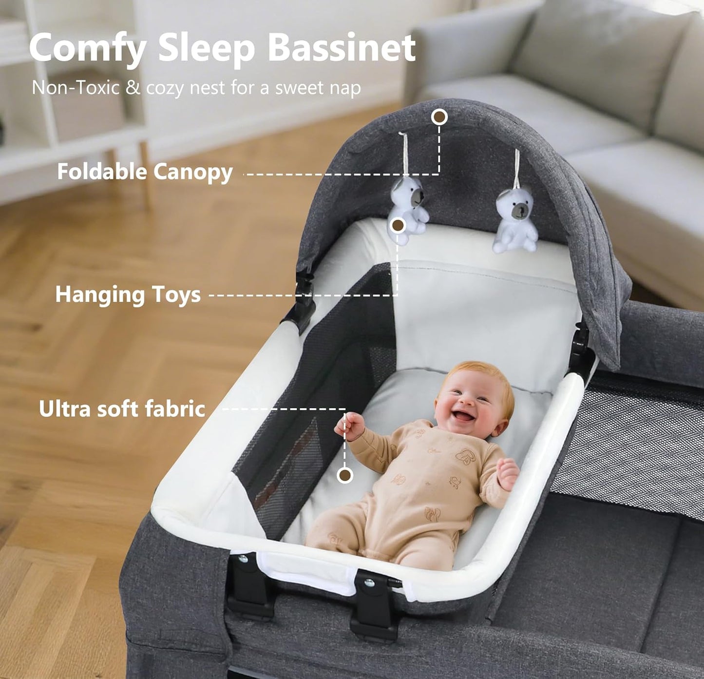Kinder King 4 in 1 Foldable Pack and Play with Bassinet & Changing Table, Portable Playard for Babies and Toddlers, Adjustable Canopy, Storage Bag, Light Gray