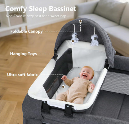 Kinder King 4 in 1 Foldable Pack and Play with Bassinet & Changing Table, Portable Playard for Babies and Toddlers, Adjustable Canopy, Storage Bag, Light Gray