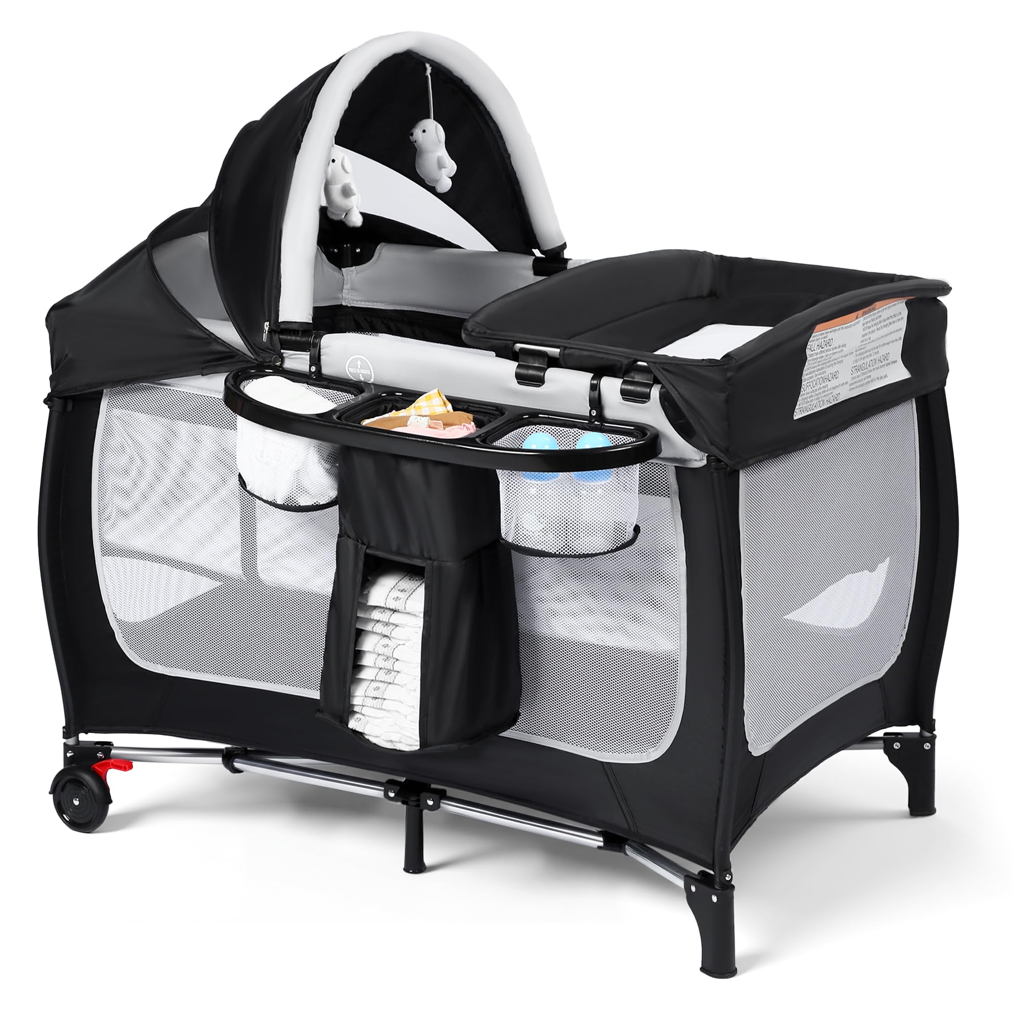 Kinder King 4 in 1 Portable Pack and Play, Baby Playard w/Bassinet, Large Playpen for Infant and Toddler, Newborn Changing Table, Adjustable Canopy, Storage Basket, Travel Bag, Black