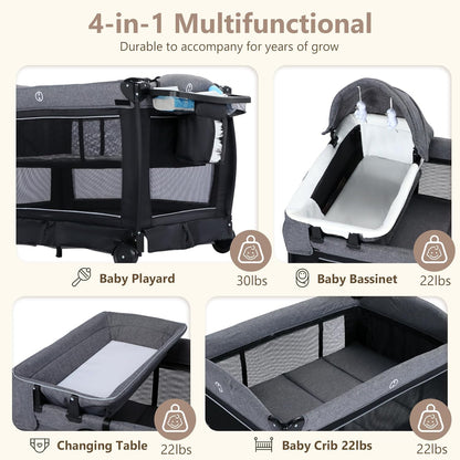 Kinder King 4 in 1 Foldable Pack and Play with Bassinet & Changing Table, Portable Playard for Babies and Toddlers, Adjustable Canopy, Storage Bag, Black