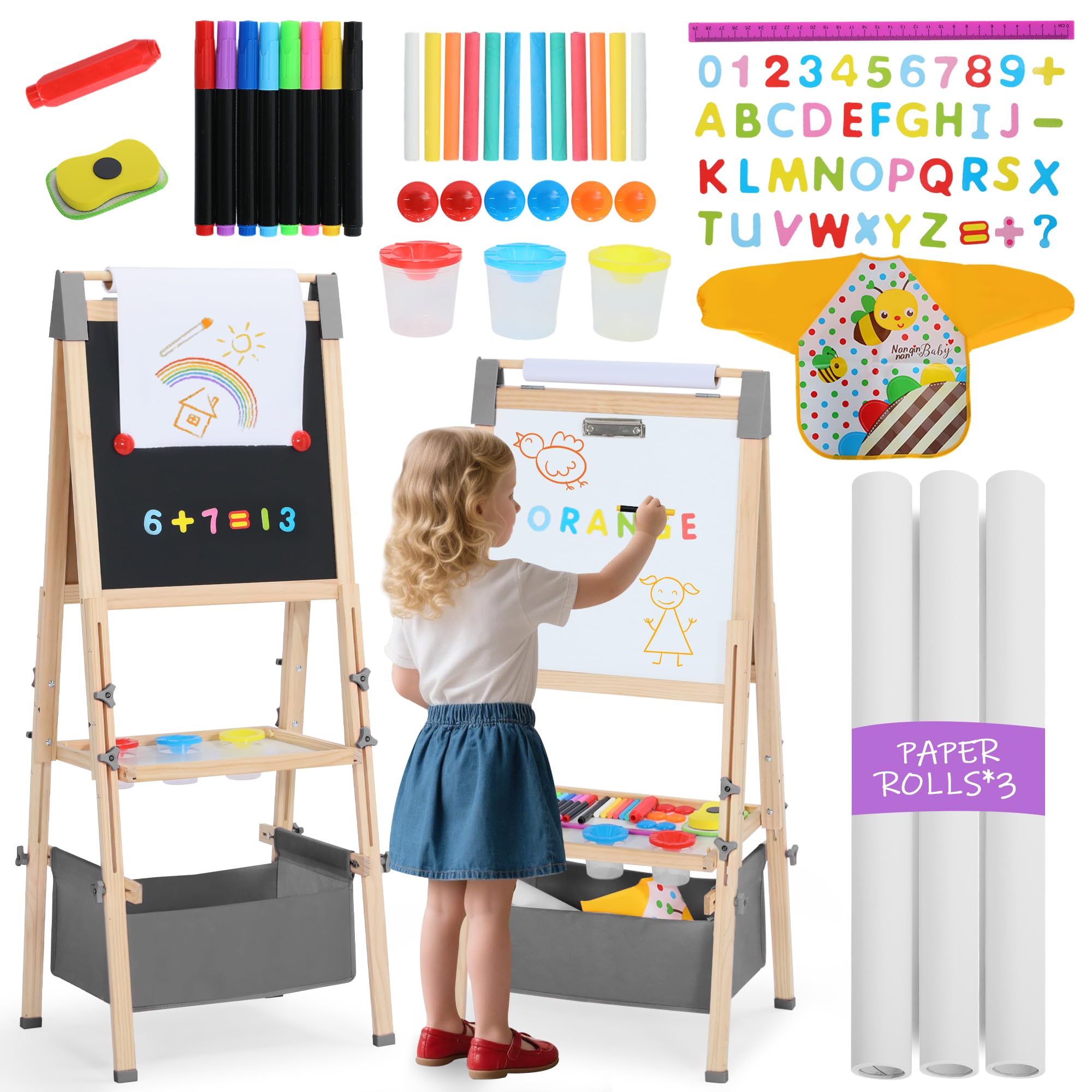 Kinder King 3 in 1 Wooden Kids Easel, Adjustable Art Easel for Kids, Double-Sided Magnetic Whiteboard & Chalkboard, Paper Roller, Art Supplies, Coloring Drawing Easel Toddler Gift Ages 3+, Grey