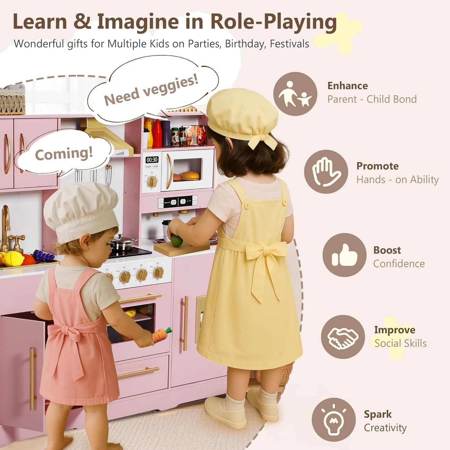 Kinder King Wooden Kids Play Kitchen, Toy Kitchen Playset for Toddler, Play Kitchen Set w/Real Sounds, Pretend Coffee Machine, Kitchen Hood, Sink, Ice Maker, Gift for Boys Girls Age 3+, Pink