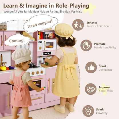 Kinder King Wooden Kids Play Kitchen, Toy Kitchen Playset for Toddler, Play Kitchen Set w/Real Sounds, Pretend Coffee Machine, Kitchen Hood, Sink, Ice Maker, Gift for Boys Girls Age 3+, Pink