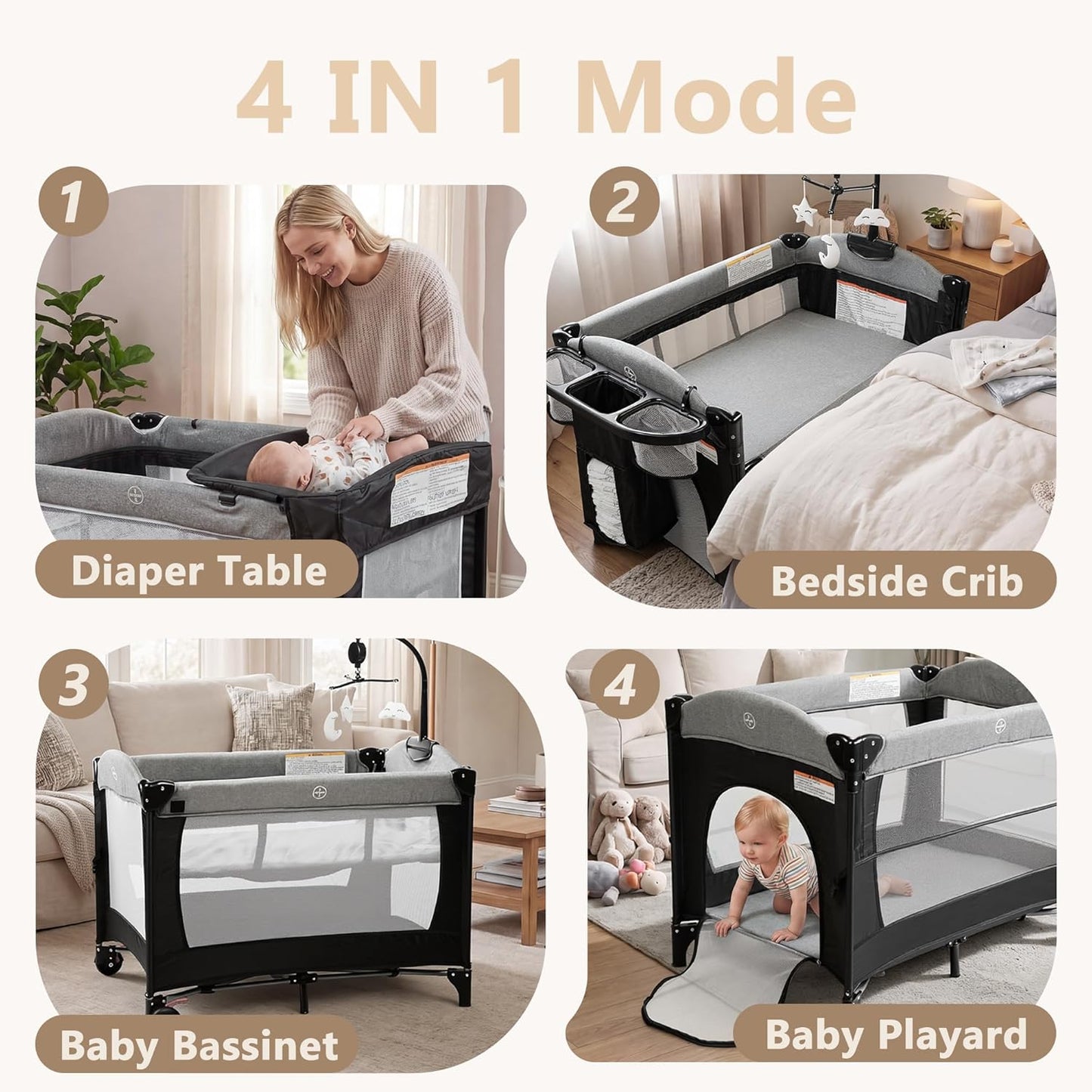 Kinder King 4 in 1 Portable Baby Playard, Foldable Baby Bedside Crib w/Bassinet, Infant Pack and Play Playard Toddler Large Playpen, Newborn Changing Table, Storage Basket, Grey