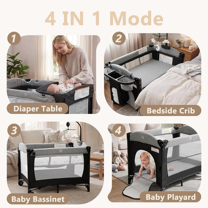 Kinder King 4 in 1 Portable Baby Playard, Foldable Baby Bedside Crib w/Bassinet, Infant Pack and Play Playard Toddler Large Playpen, Newborn Changing Table, Storage Basket, Grey
