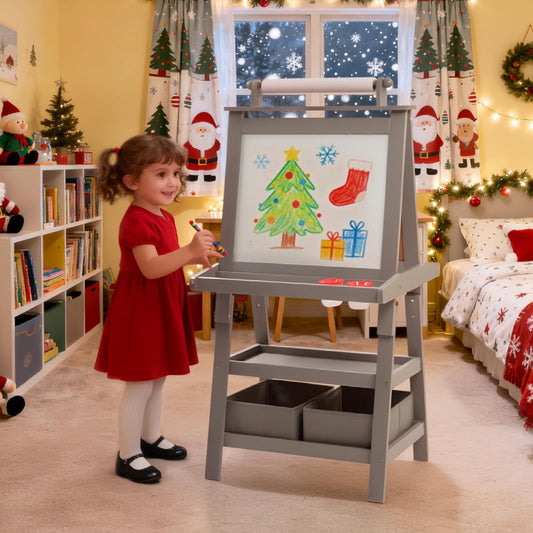 Kinder King 3 in 1 Kids Art Easel w/Storage, Double-Sided Magnetic Whiteboard & Chalkboard, Dry-Erase Board w/Paper Roller, Toddler Children Standing Easel for Painting & Drawing, Accessories(Grey)