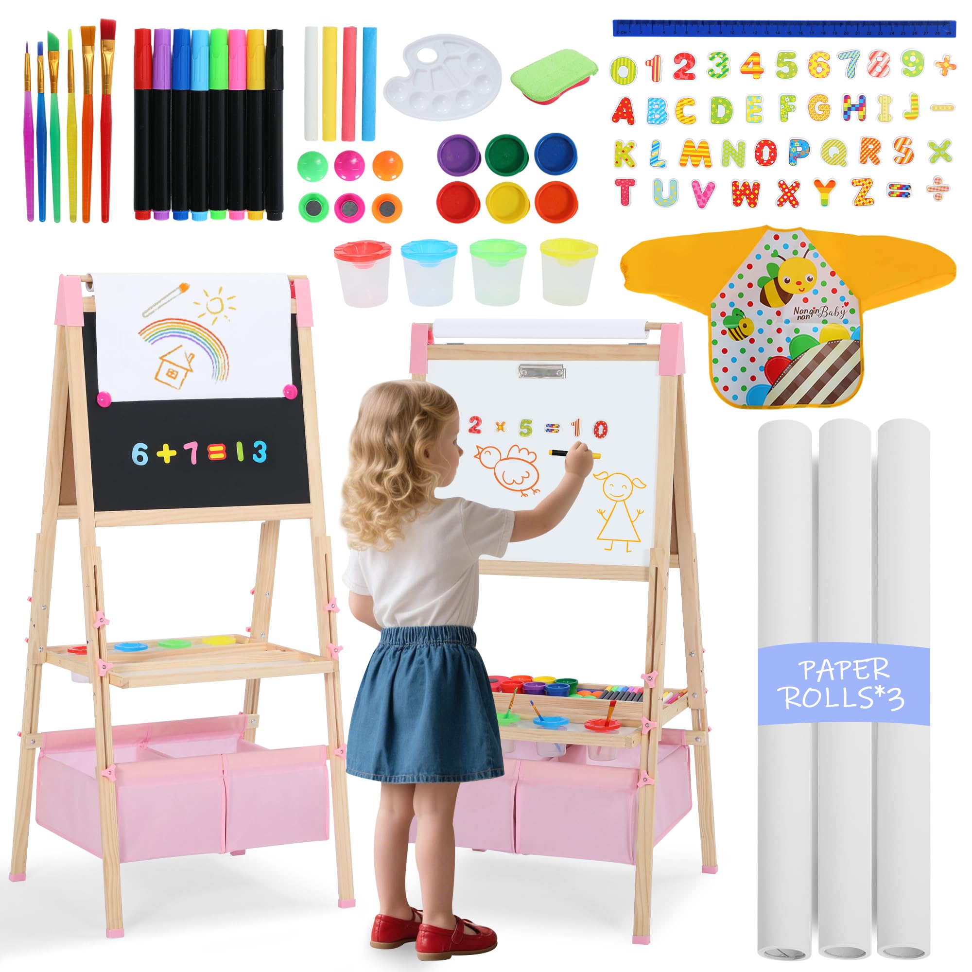 Kinder King 3 in 1 Wooden Kids Easel, Adjustable Double-Sided Art Easel for Kids, Magnetic Whiteboard & Chalkboard, Paper Roller, Art Supplies, Painting Drawing Easel Toddler, Pink