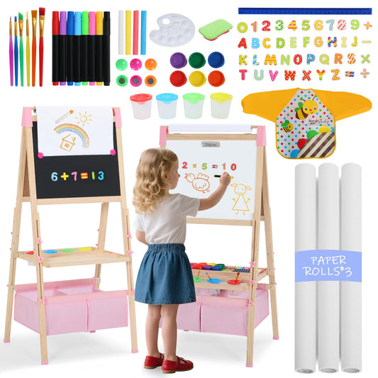 Kinder King 3 in 1 Wooden Kids Easel, Adjustable Double-Sided Art Easel for Kids, Magnetic Whiteboard & Chalkboard, Paper Roller, Art Supplies, Painting Drawing Easel Toddler, Pink