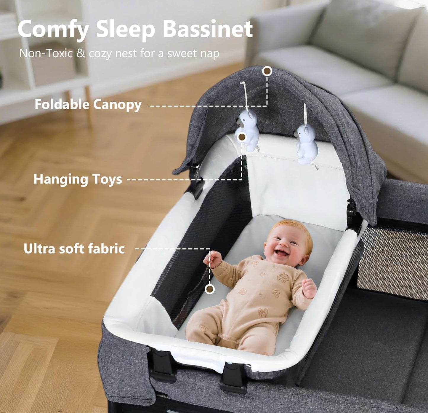 Kinder King 4 in 1 Foldable Pack and Play with Bassinet & Changing Table, Portable Playard for Babies and Toddlers, Adjustable Canopy, Storage Bag, Black