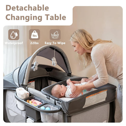 Kinder King 4 in 1 Portable Pack and Play, Baby Playard w/Bassinet, Large Playpen for Infant and Toddler, Newborn Changing Table, Adjustable Canopy, Storage Basket, Travel Bag, Grey