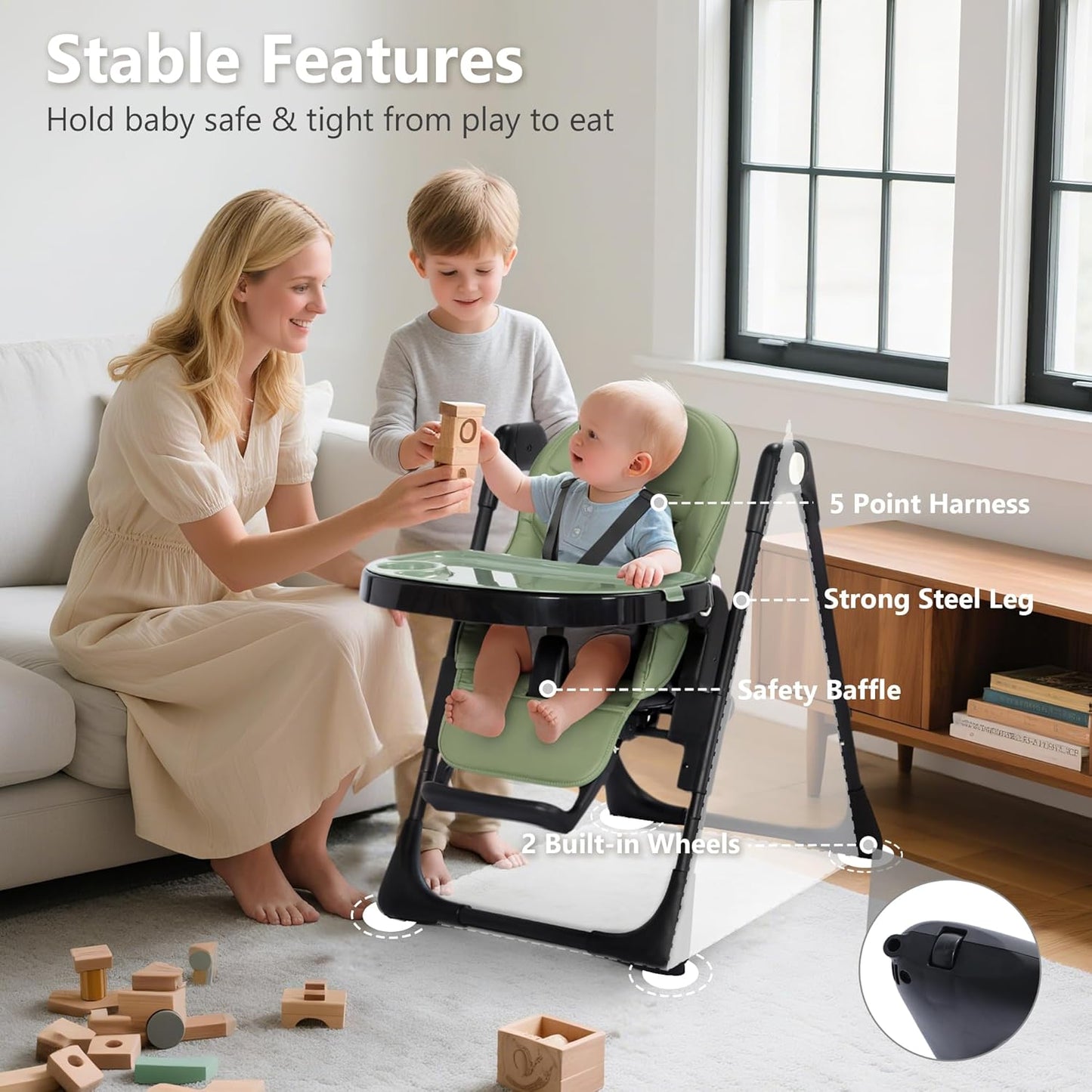 Kinder King Convertible High Chair for Babies & Toddlers, Adjustable Baby Feeding High Chair with Removable Double Tray, Simple Compact Fold for Space-Saving, 2 Built-in Wheels, Easy to Clean, Green