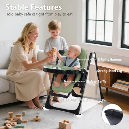 Kinder King Convertible High Chair for Babies & Toddlers, Adjustable Baby Feeding High Chair with Removable Double Tray, Simple Compact Fold for Space-Saving, 2 Built-in Wheels, Easy to Clean, Green