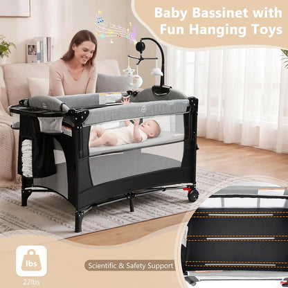 Kinder King 4 in 1 Portable Baby Playard, Foldable Baby Bedside Crib w/Bassinet, Infant Pack and Play Playard Toddler Large Playpen, Newborn Changing Table, Storage Basket, Grey