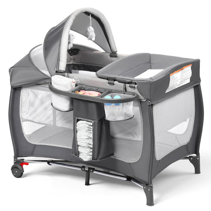 Kinder King 4 in 1 Portable Pack and Play, Baby Playard w/Bassinet, Large Playpen for Infant and Toddler, Newborn Changing Table, Adjustable Canopy, Storage Basket, Travel Bag, Grey