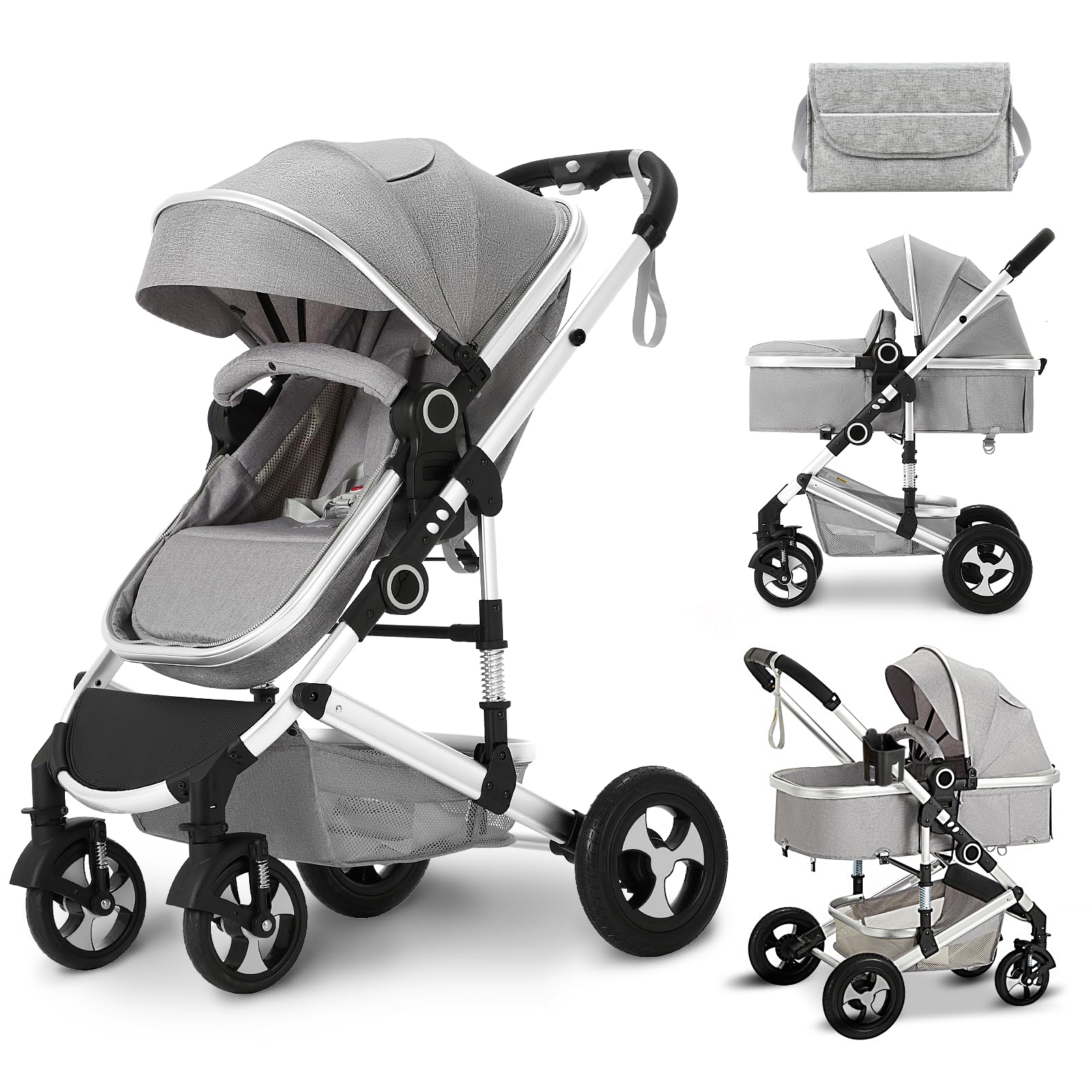 Kinder King 2 in 1 Convertible Baby Stroller, Folding High Landscape Infant Carriage, Newborn Reversible Pram, Adjustable Canopy, Diaper Bag, Anti-Shock Toddler Pushchair Stroller, Light Grey