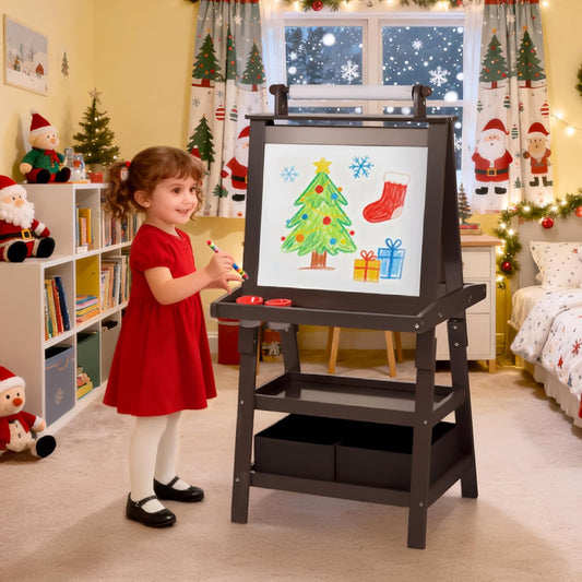 Kinder King 3 in 1 Kids Art Easel w/Storage, Double-Sided Magnetic Whiteboard & Chalkboard, Dry-Erase Board w/Paper Roller, Toddler Children Standing Easel for Painting & Drawing, Accessories, Coffee