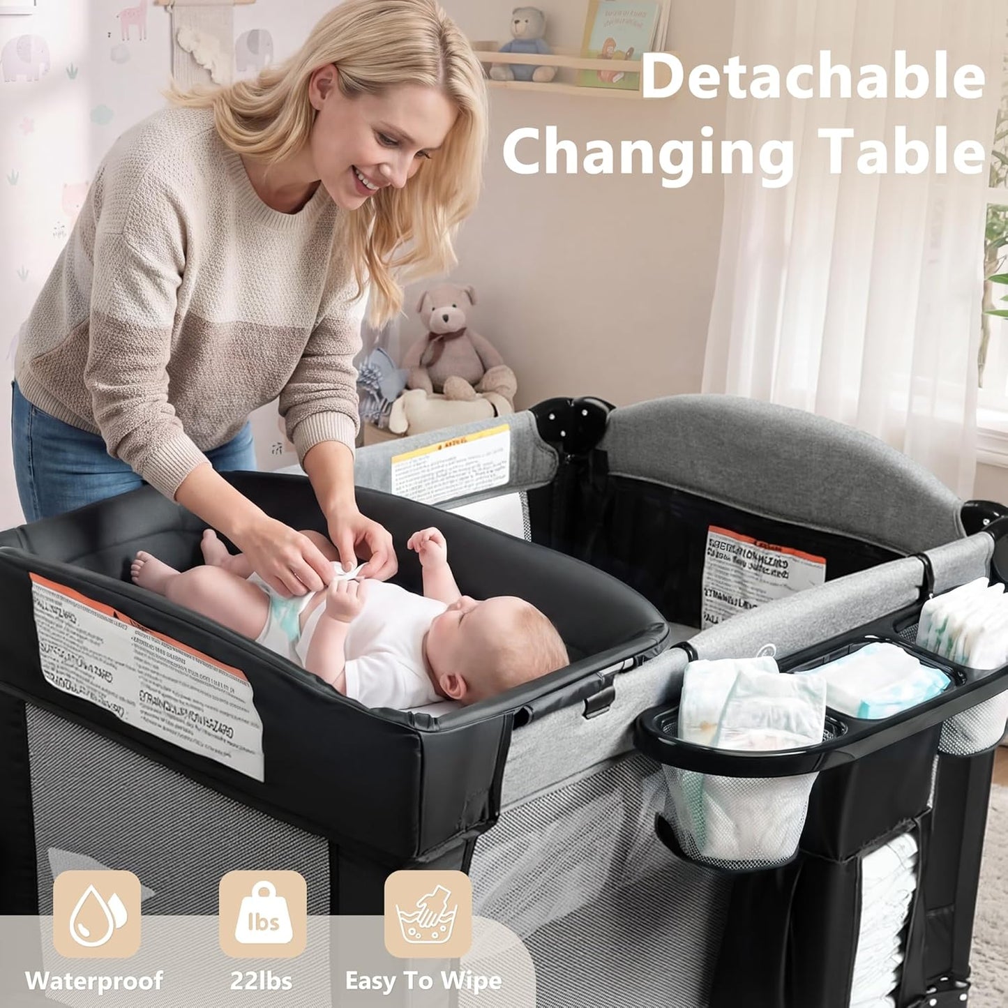 Kinder King 4 in 1 Portable Baby Playard, Foldable Baby Bedside Crib w/Bassinet, Infant Pack and Play Playard Toddler Large Playpen, Newborn Changing Table, Storage Basket, Grey