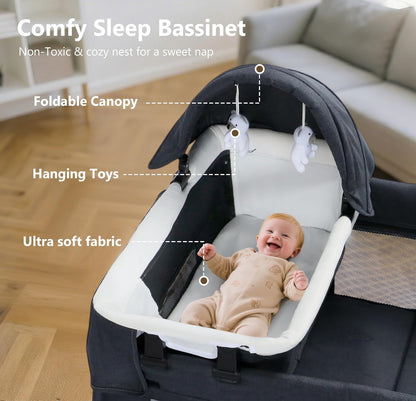 Kinder King 4 in 1 Foldable Pack and Play with Bassinet & Changing Table, Portable Playard for Babies and Toddlers, Adjustable Canopy, Storage Bag, Dark Gray