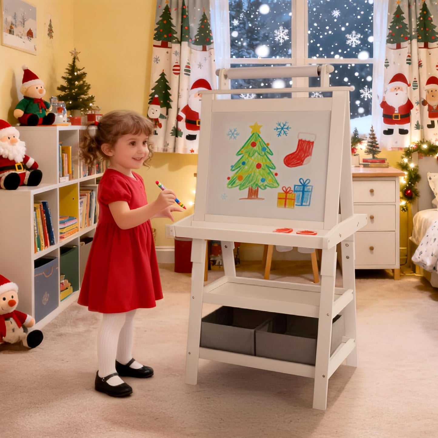 Kinder King 3 in 1 Kids Art Easel w/Storage, Double-Sided Magnetic Whiteboard & Chalkboard, Dry-Erase Board w/Paper Roller, Toddler Children Standing Easel for Painting & Drawing, Accessories, White