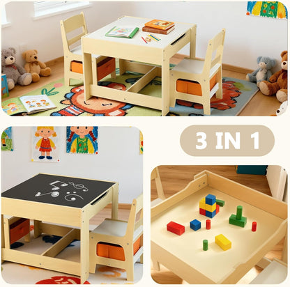 Kinder King Kids Wood Table & 2 Chairs Set, 3 in 1 Children Activity Table w/Storage, Removable Tabletop, Blackboard, 3-Piece Toddler Furniture Set for Art, Drawing, Reading, Playroom, Natural