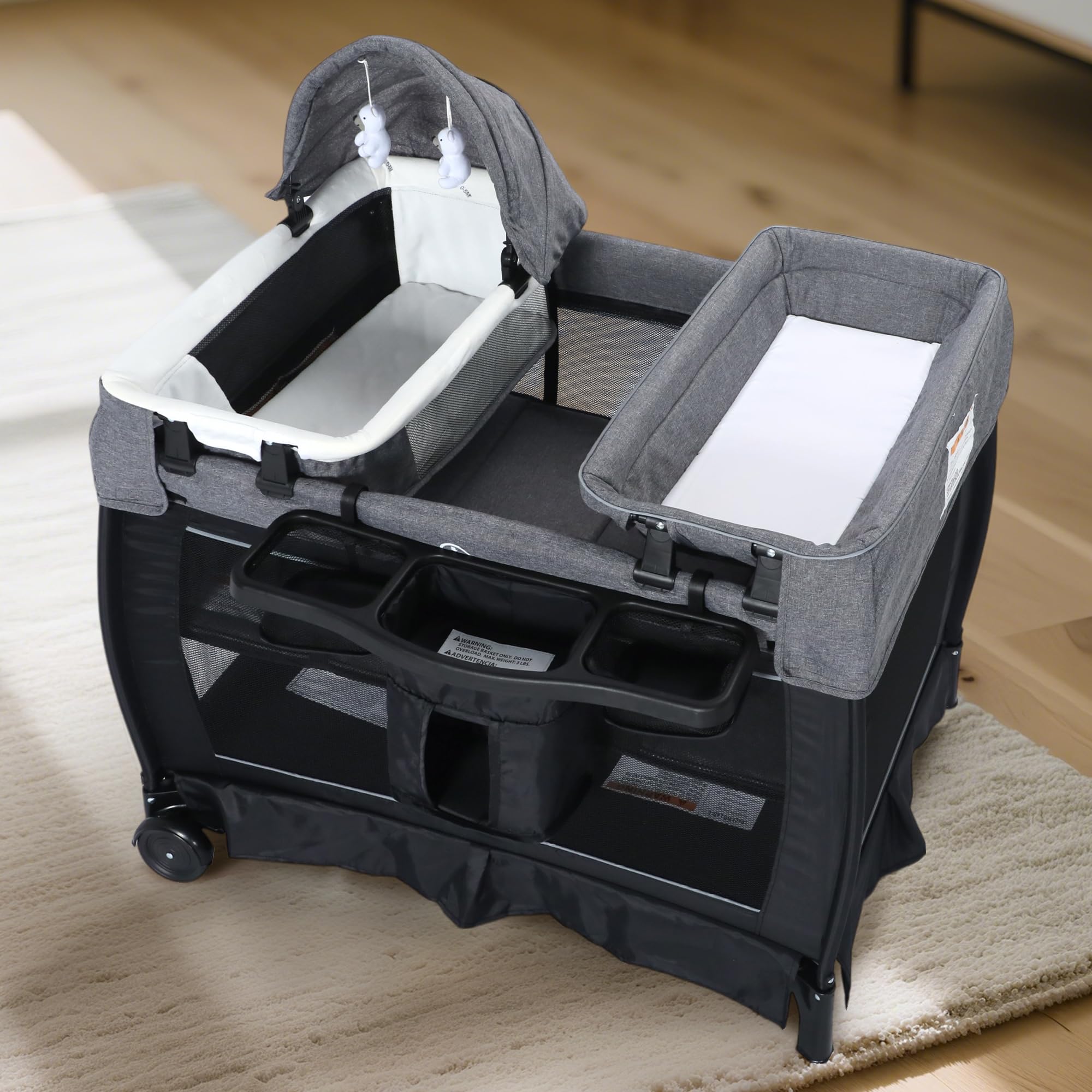 Kinder King 4 in 1 Foldable Pack and Play with Bassinet & Changing Table, Portable Playard for Babies and Toddlers, Adjustable Canopy, Storage Bag, Black