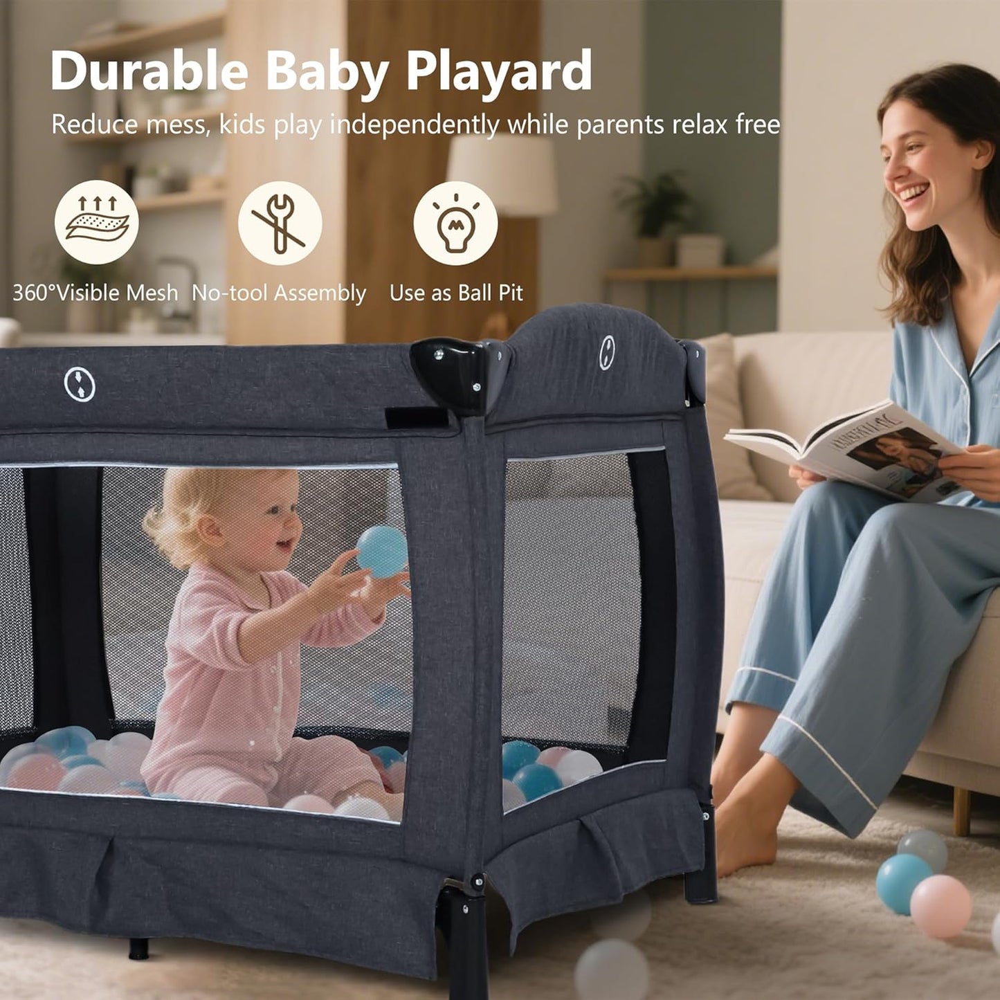 Kinder King 4 in 1 Foldable Pack and Play with Bassinet & Changing Table, Portable Playard for Babies and Toddlers, Adjustable Canopy, Storage Bag, Dark Gray